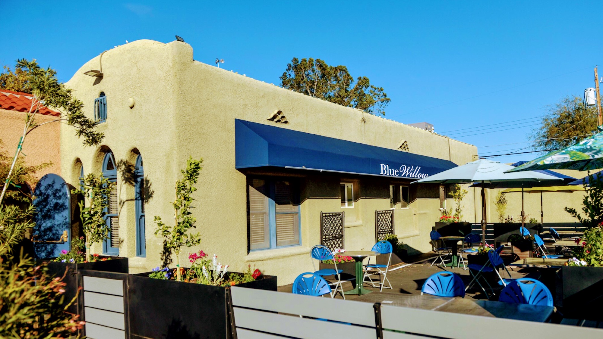 The Blue Willow building on a clear day: a tan adobe restaurant with a navy awning reading Blue Willow and a patio of blue chairs and umbrellas.