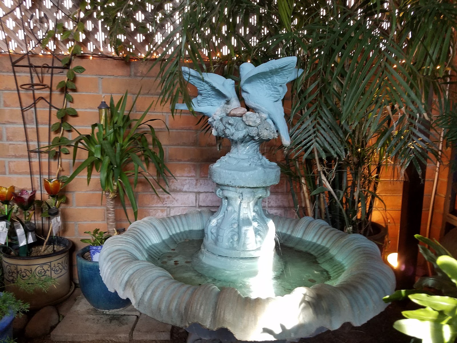 A two-dove fountain on the patio, framed by potted palms and string lights.